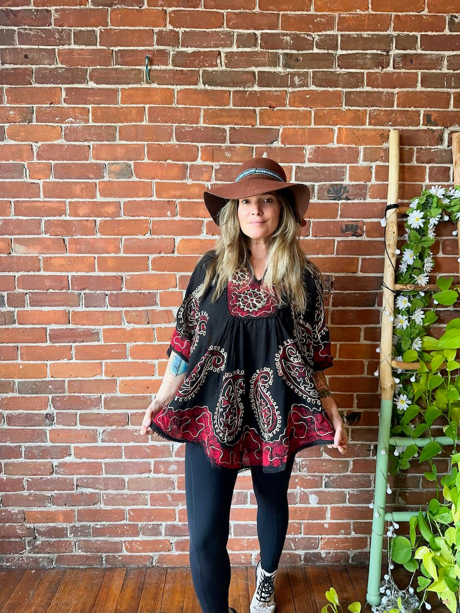 Free Size up to 2X Hannah Poncho Capelet Top - Embroidered Batik - Red/Black item: 1306