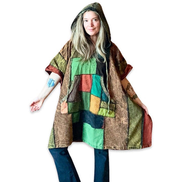 Free Size. Fireside Patchwork Poncho Hoodie Item: 1158