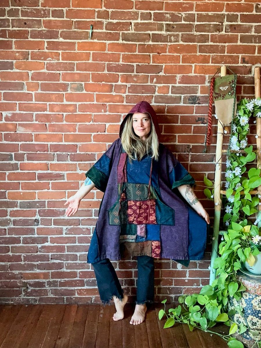 Free Size. Fireside Patchwork Poncho Hoodie Item: 1162