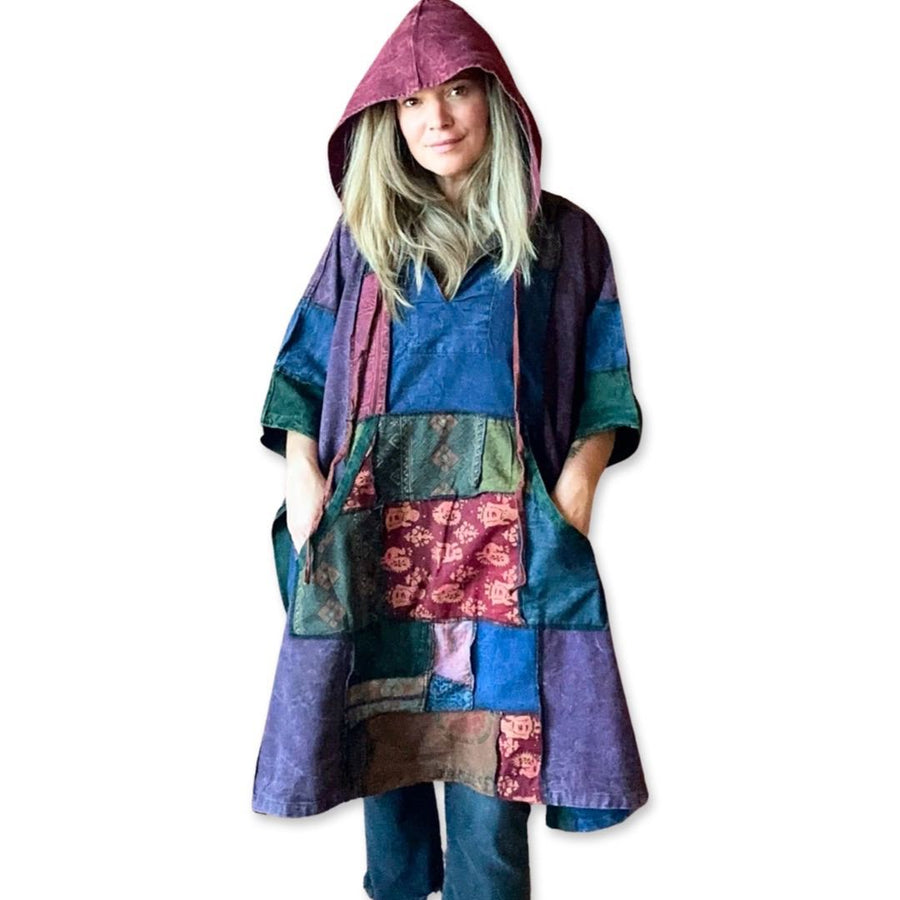 Free Size. Fireside Patchwork Poncho Hoodie Item: 1162