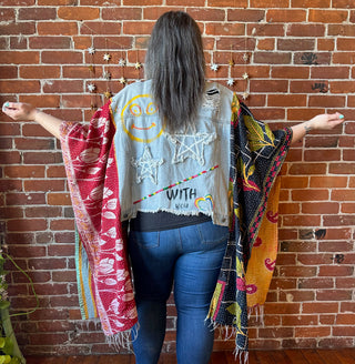 Upcycled Distressed Painted Rebel Boho Hi Lo Kantha Jacket