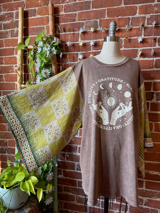 OOAK Winter Collection - Size 2XL Upcycled Gratitude Kantha Bell Sleeve T-shirt
