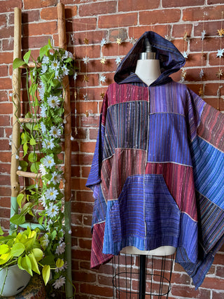 Earthy Gem Tones Patchwork 100% Cotton Hooded Poncho