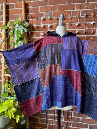 Earthy Gem Tones Patchwork 100% Cotton Hooded Poncho