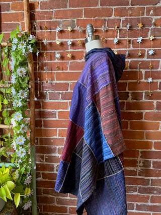 Earthy Gem Tones Patchwork 100% Cotton Hooded Poncho