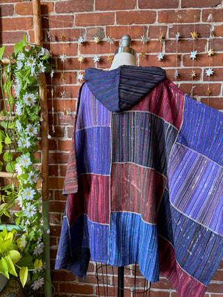 Earthy Gem Tones Patchwork 100% Cotton Hooded Poncho