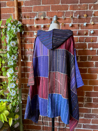 Earthy Gem Tones Patchwork 100% Cotton Hooded Poncho