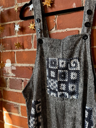 Charcoal/Granny Square Print Boho Convertible Wide Leg Overalls