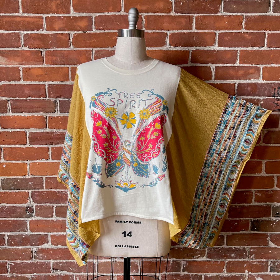 One Size Fits Most Upcycled Free Spirit Butterfly Embroidered Boho Poncho Top Item: 1249