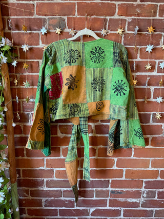 Cotton Patchwork Nova Bell Sleeve Wrap Top - Greens + Kantha
