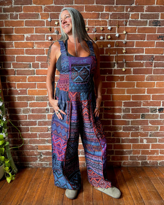 Juniper Patchwork Wide Leg Overalls - Purples