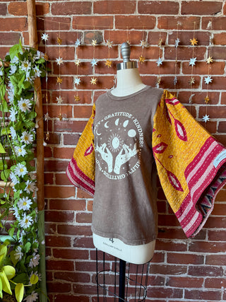 OOAK Winter Collection - Size Small Upcycled Gratitude Kantha Bell Sleeve T-shirt