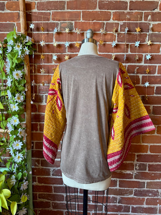 OOAK Winter Collection - Size Small Upcycled Gratitude Kantha Bell Sleeve T-shirt