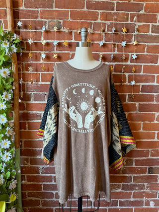 OOAK Winter Collection - Size 2XL Upcycled Gratitude Kantha Bell Sleeve T-shirt