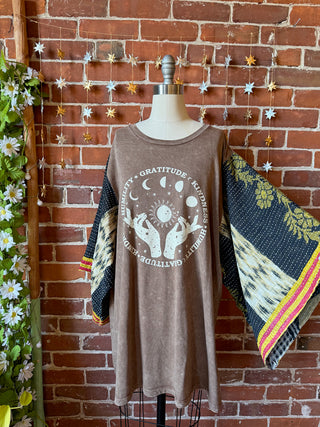 OOAK Winter Collection - Size 2XL Upcycled Gratitude Kantha Bell Sleeve T-shirt