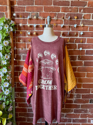 OOAK Winter Collection - Size 3XL Upcycled Grow Together Mushroom Kantha Bell Sleeve T-shirt