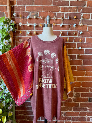 OOAK Winter Collection - Size 3XL Upcycled Grow Together Mushroom Kantha Bell Sleeve T-shirt