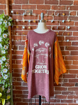OOAK Winter Collection - Size 2XL Upcycled Grow Together Mushroom Kantha Bell Sleeve T-shirt
