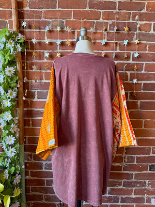 OOAK Winter Collection - Size 2XL Upcycled Grow Together Mushroom Kantha Bell Sleeve T-shirt