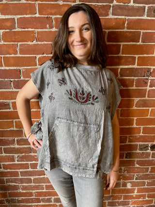 Touch of Grey Embroidered Boho Apron Poncho Style Top