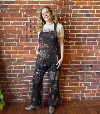 Earth Tones Spring Soul Patchwork Flare Leg Overalls