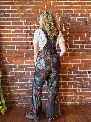 Earth Tones Spring Soul Patchwork Flare Leg Overalls