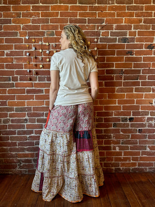 Spring Blooms Reversible Kantha Wide Leg Tiered Palazzo Pants