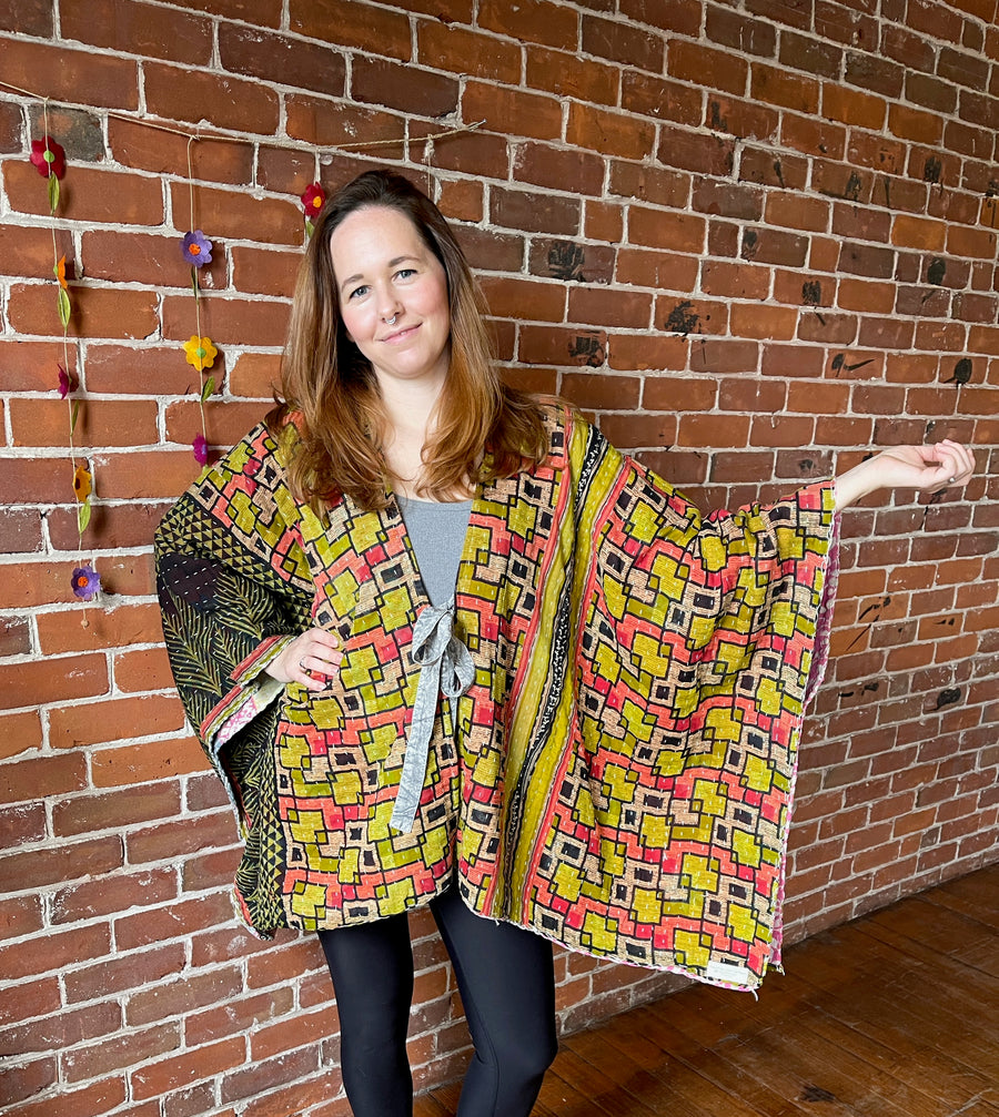 One Size Fits Most Upcycled The Band Kantha Boho Poncho Top Item: 1075