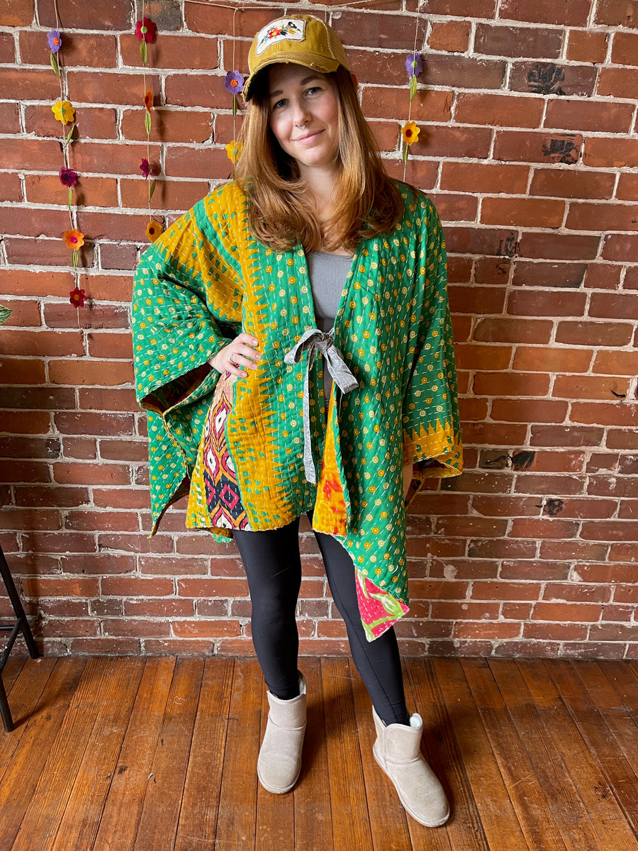 One Size Fits Most Upcycled The Band Kantha Boho Poncho Top Item: 1360