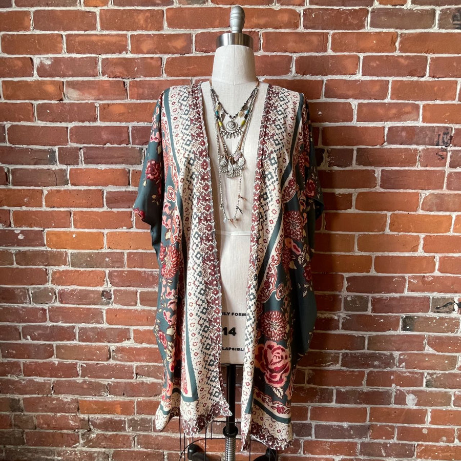 One Size Fits Most Olive Green Floral Flowy Grateful Dead Inspired Stealie Robe Kimono item: 1112