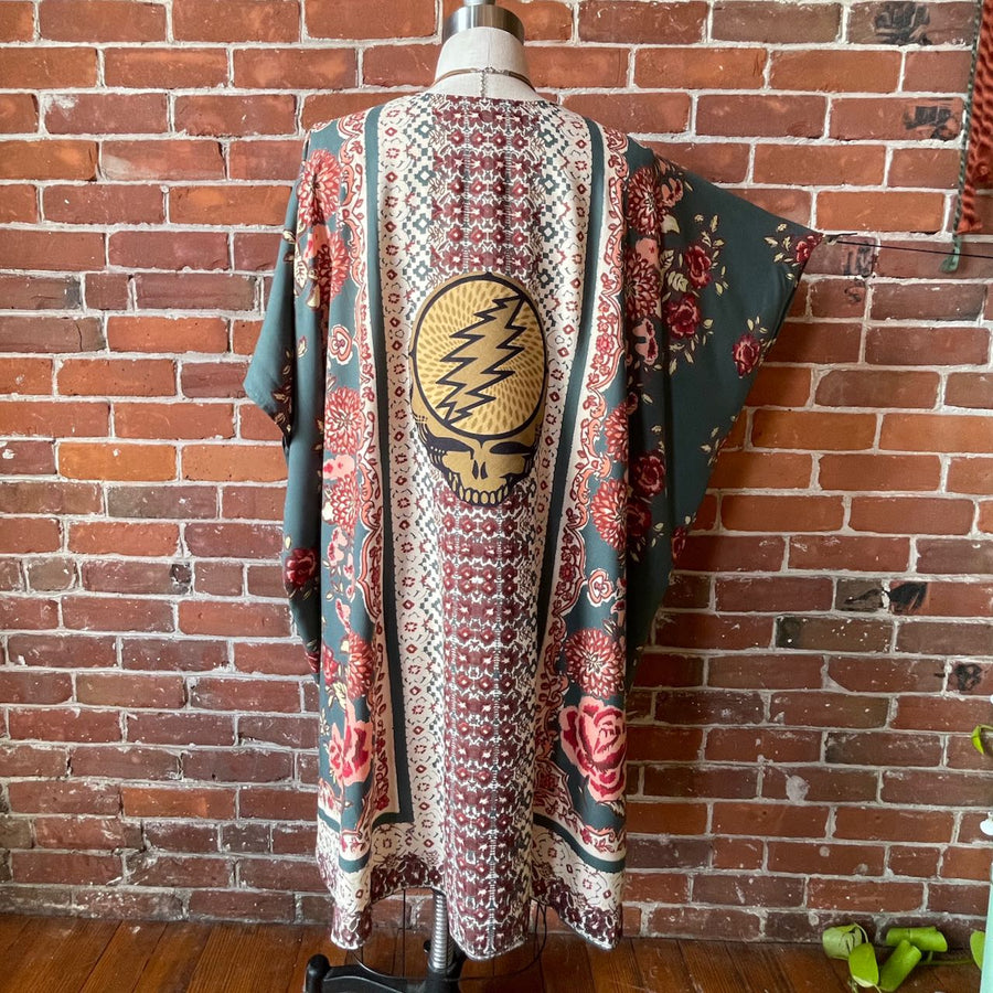 One Size Fits Most Olive Green Floral Flowy Grateful Dead Inspired Stealie Robe Kimono item: 1112