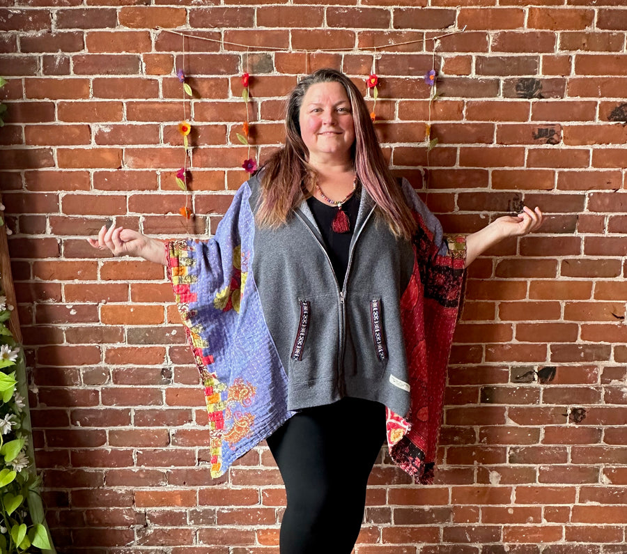 One Size Fits Most Upcycled Stevie Nicks Sweatshirt Kantha Poncho Top Item: 1339