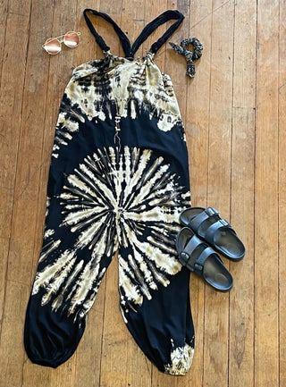 Free Size- Ophelia Tie Dye Spiral  Jumpsuit / Overalls - Black/Beige