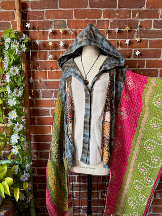 OOAK Winter Collection - Upcycled Patchwork Button Up Hi Lo Kantha Poncho Hoodie Top