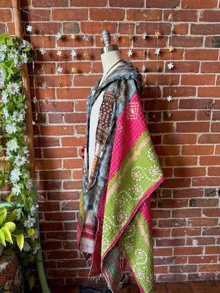 OOAK Winter Collection - Upcycled Patchwork Button Up Hi Lo Kantha Poncho Hoodie Top