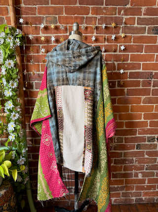 OOAK Winter Collection - Upcycled Patchwork Button Up Hi Lo Kantha Poncho Hoodie Top