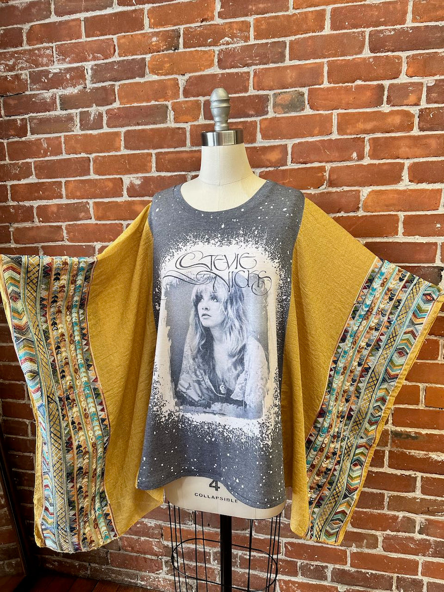 One Size Fits Most Stevie Nicks Golden Yellow Embroidered Detail Poncho Top Item: 1176