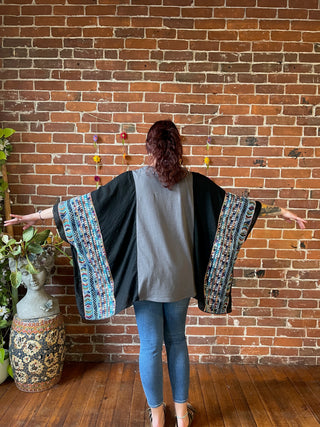 Upcycled Celestial Sun Moon Stars Embroidered Poncho