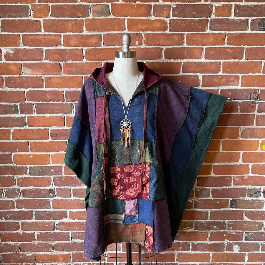 Free Size. Fireside Patchwork Poncho Hoodie Item: 1162