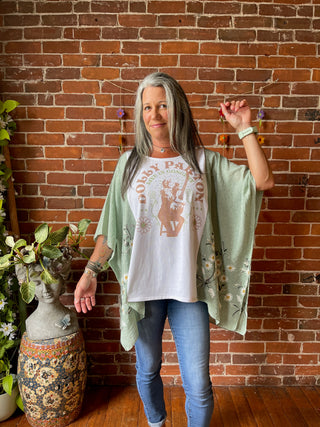 Daisy Dolly Parton Inspired Sage Embroidered Poncho