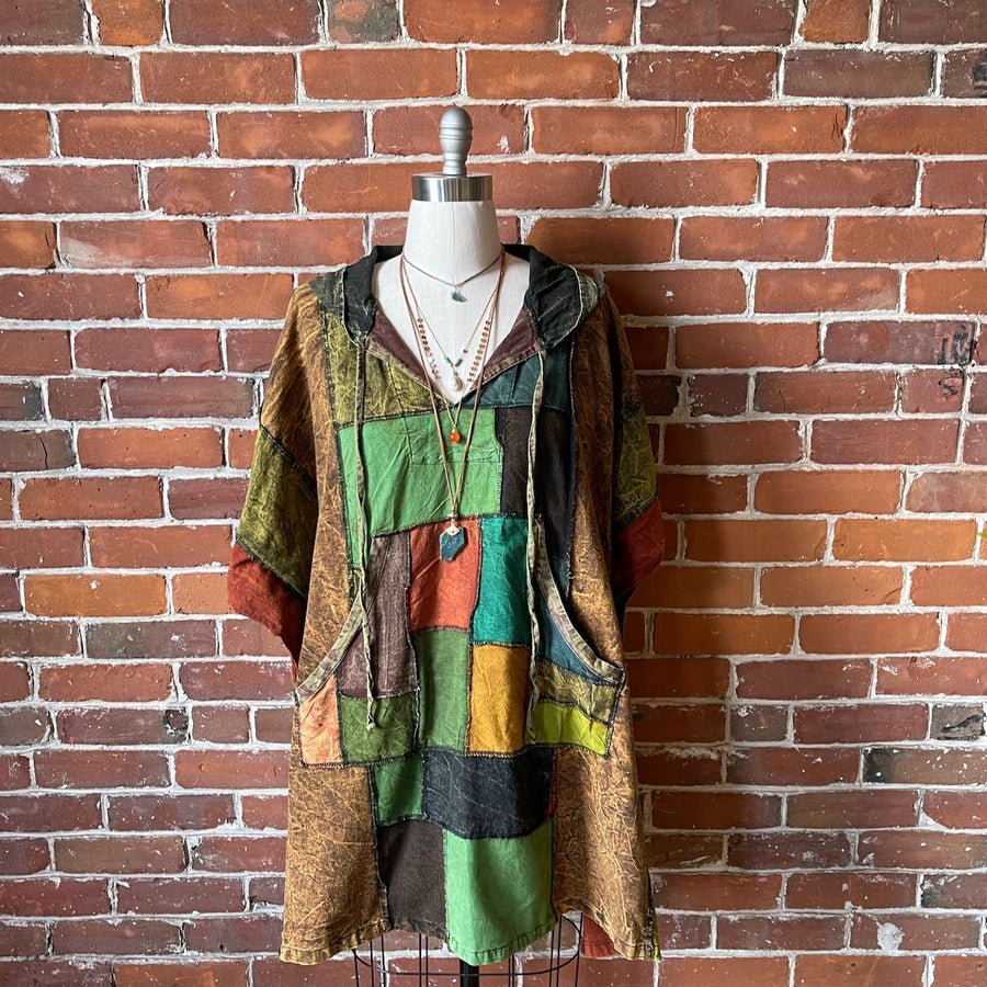 Free Size. Fireside Patchwork Poncho Hoodie Item: 1158