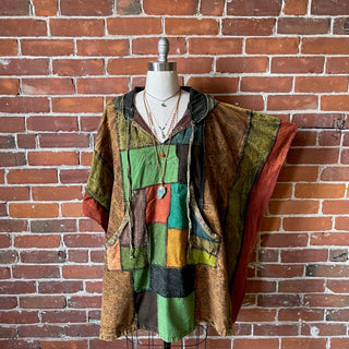 Free Size. Fireside Patchwork Poncho Hoodie