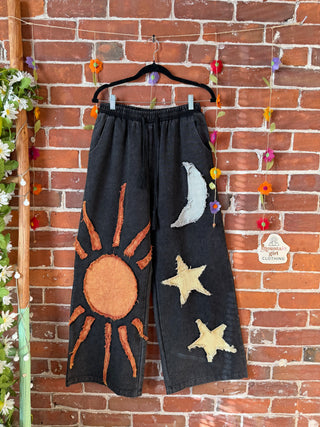 Good Vibes Artisan Bloom Celestial Patch Wide Leg Pants - Multiple Sizes -Charcoal