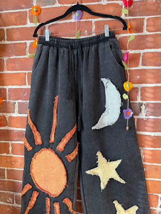 Good Vibes Artisan Bloom Celestial Patch Wide Leg Pants - Multiple Sizes -Charcoal