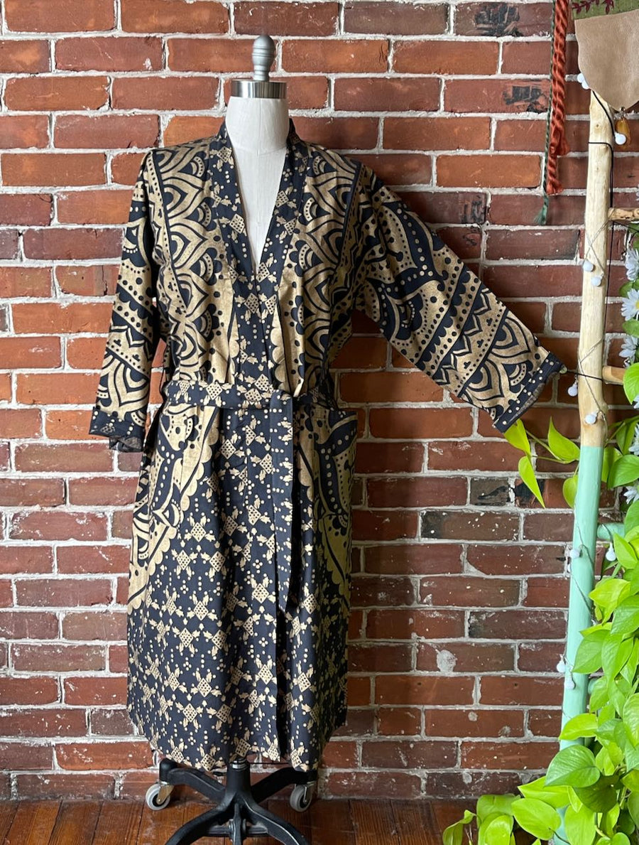 Free Size up to XXL Black + Gold Mandala Long Tapestry Robe Kimono w/ Pockets + Belt Item: 1190