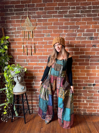 Juniper Patchwork Wide Leg Overalls - Clay/Reds/Orange