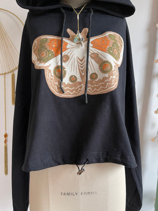 Cropped Drawstring Luna Butterfly Wing Soft Pullover Black Hoodie Sweatshirt