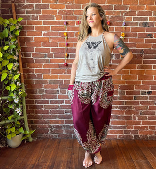 Wheel of Life Flowy Harem Pants- Reds