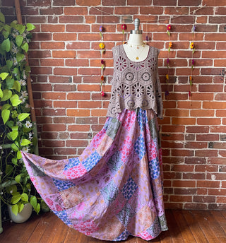 Purples- Yoga Waistband Patchwork Boho Festival Skirt / Dress