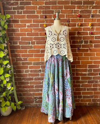 Blues - Yoga Waistband Patchwork Boho Festival Skirt / Dress